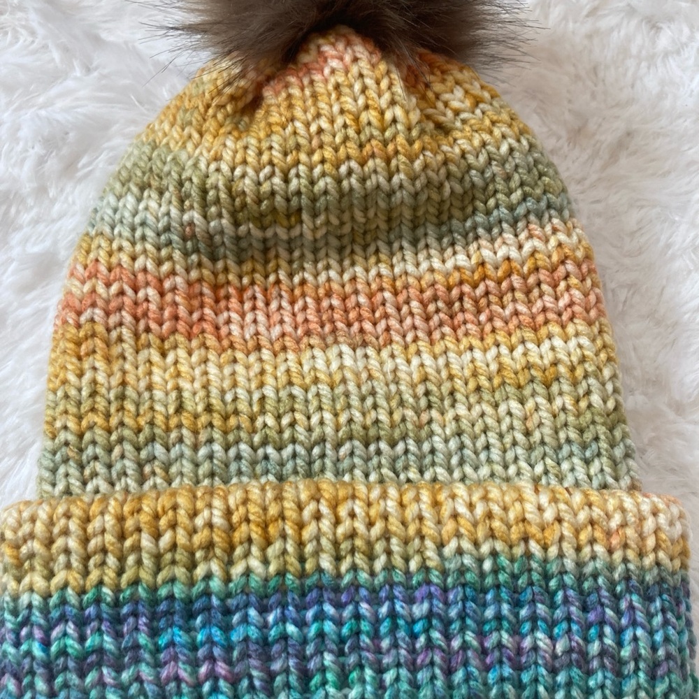 HANDMADE Yellow and Green Knitted Hat with Pom-Pom REVERSIBLE removeable pompom